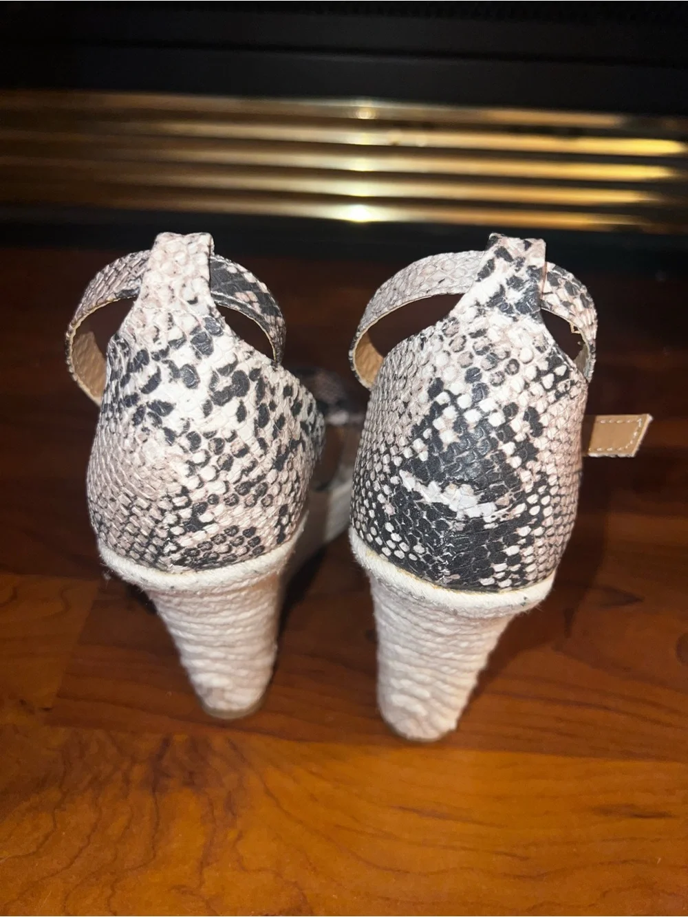 Qupid Black and Beige Snake-Print Ankle Strap Wedge Sandals